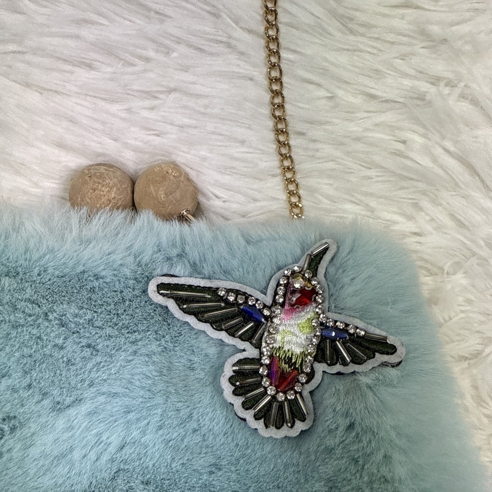Vintage Blue Faux Fur Clamshell Handbag Bird Chain Strap Evening Purse - Picture 3 of 10
